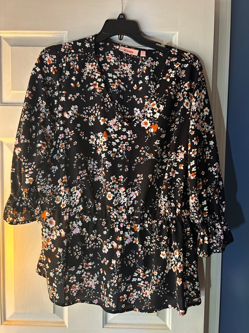 EVRI Black Floral V-Neck Peplum Blouse with Ruffle Sleeves